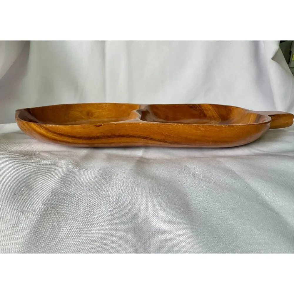 Vintage Acacia Wood Leaf Divided Serving Tray 2 Section Snack Bowl Boho Decor